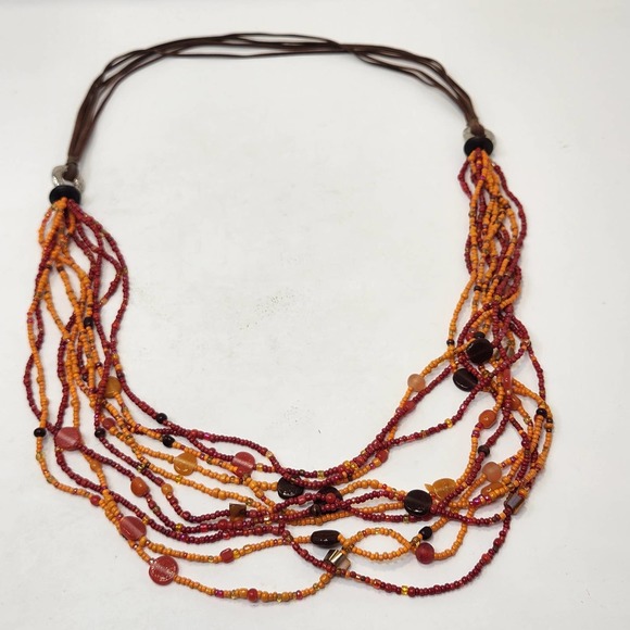 Orange Brown Glass Beaded Leather Multi Strand Long Necklace Statement Southwest - Picture 1 of 5